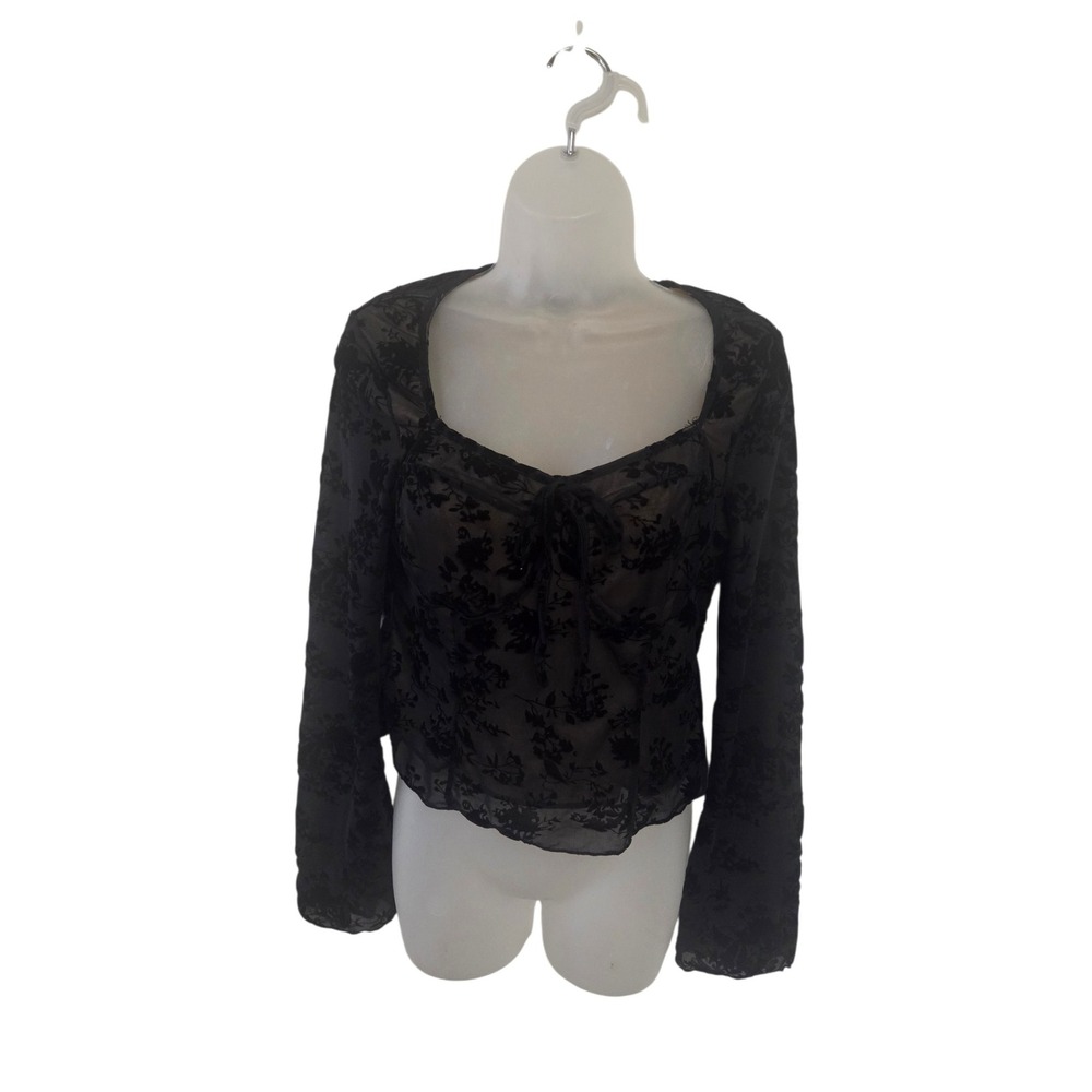 Black Sheer Mesh Flocked Velvet Floral Tie Front Long Sleeve Top Blouse
